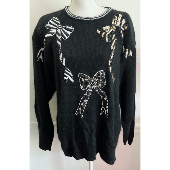 EMT • Vintage Black Angora Wool Beaded Bow Sweater - Picture 1 of 4